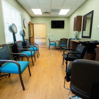A spacious waiting room in a salon, featuring modern chairs and a calm green decor.