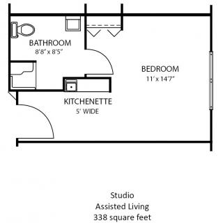 Floor plan of a studio assisted living apartment, measuring 350 square feet.