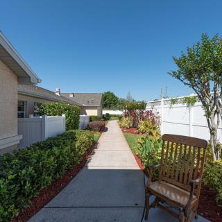 A sunny pathway with a garden and bench, bordered by fences and greenery.