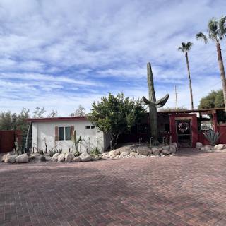 A charming desert home surrounded by cacti and palm trees, featuring a brick driveway.