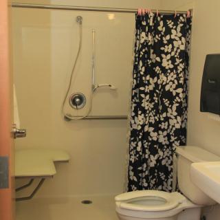A handicap accessible bathroom with a floral shower curtain.