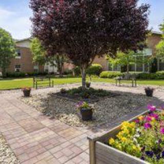 A landscaped garden with a central tree, flower beds, and benches.