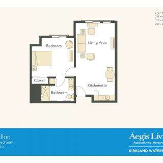 A one-bedroom apartment floor plan featuring a living area, kitchenette, bathroom, and closet.