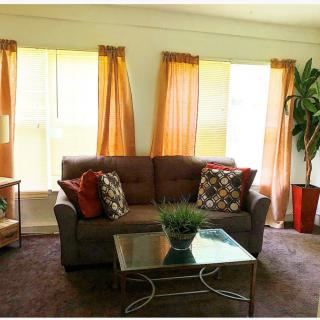 A cozy living room with a sofa, decorative pillows, and a glass coffee table, complemented by warm curtains and a potted plant.