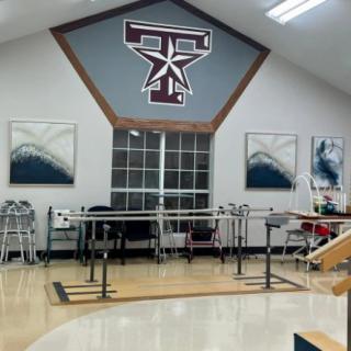 A rehabilitation room equipped with parallel bars and physical therapy tools, featuring a large logo on the wall.