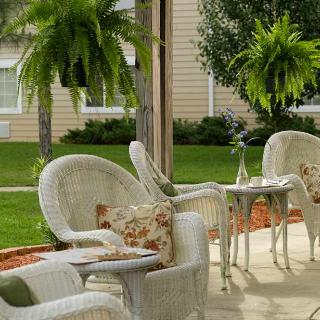 A cozy patio setup with wicker chairs and tables, surrounded by lush greenery.