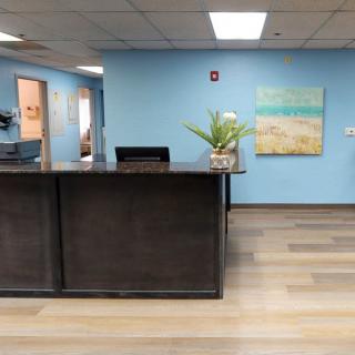 A modern reception area with a wooden desk, plant, and wall art.