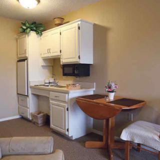 Compact kitchen and dining area in an apartment.