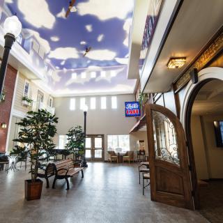 A spacious lobby with a sky-themed ceiling, seating area, and artificial plants.