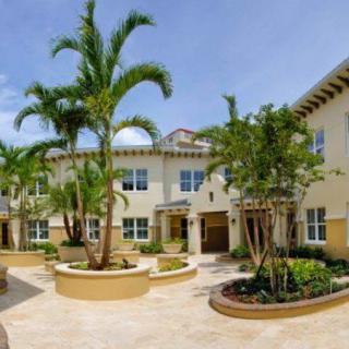 A sunny courtyard of an apartment complex with palm trees and landscaping.