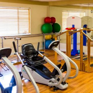 A well-equipped gym with exercise machines and therapy balls.