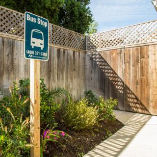 Bus stop sign next to a garden and wooden fence.