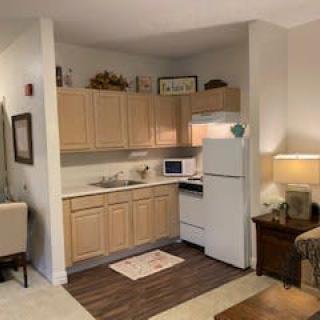 A small, cozy kitchen in an apartment with wooden cabinets and a white fridge.