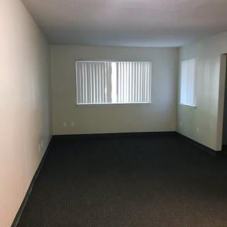 An empty room with carpet flooring and two windows.