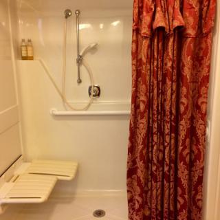 An accessible shower with a folding seat and handheld showerhead, featuring a decorative curtain.