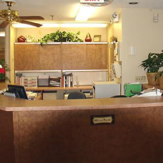 A cozy office reception area with a wooden desk and decorative plants.