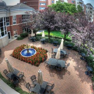 A serene courtyard with a central fountain, surrounded by tables and chairs under umbrellas, set amidst lush trees in an urban environment.