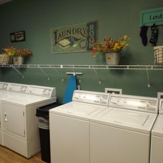 A neatly organized laundry room with washing machines and dryers, decorated with wall signs and floral arrangements.