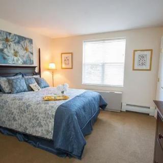 A cozy, well-lit bedroom with a neatly made bed and tasteful decor.