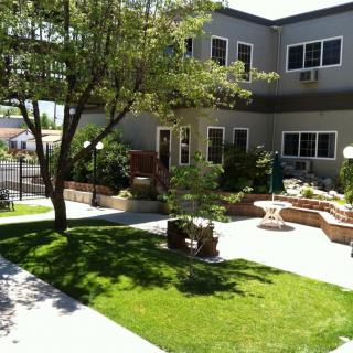 A view of a landscaped backyard featuring a lush lawn, patio area, and trees providing shade.