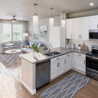 A modern kitchen seamlessly integrated with a cozy living area, featuring stylish appliances and contemporary decor.