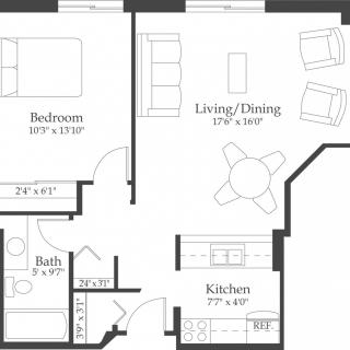 A floor plan of an apartment showing a bedroom, bathroom, kitchen, and living/dining area.
