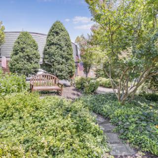 A tranquil garden space featuring a wooden bench surrounded by lush greenery and a winding pathway.