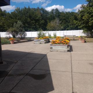 A serene outdoor space featuring colorful flowers in planters, set against a backdrop of blue skies and lush greenery.