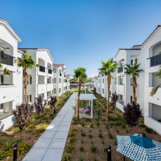 A modern apartment complex with landscaped walkways and palm trees.
