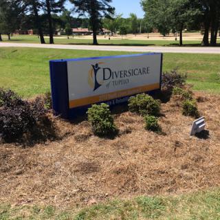 A sign for a facility named 'Overlook' surrounded by greenery and mulch.