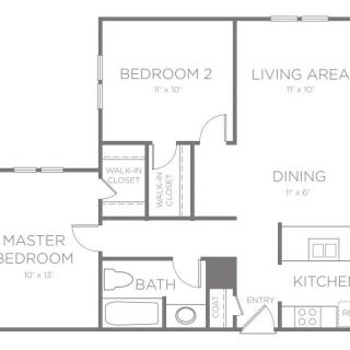 A floor plan layout featuring two bedrooms, a living area, dining space, kitchen, and bathroom.