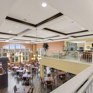 Spacious dining area with modern design and ample seating.