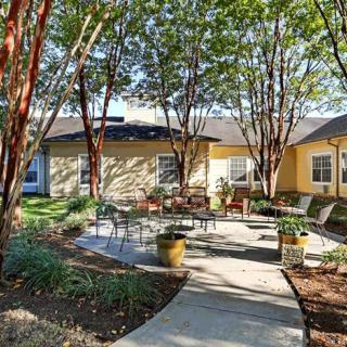 A tranquil patio area surrounded by trees and greenery, featuring outdoor seating with chairs and tables.