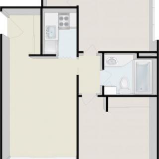 A simple floor plan showing a small apartment layout with a kitchen and bathroom.