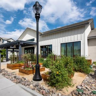 A modern house exterior with a landscaped garden featuring raised beds and a lamppost.