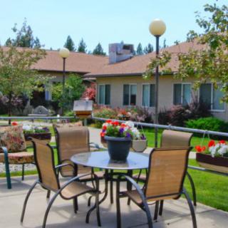 A sunny patio with a table and chairs surrounded by a garden and a building in the background.