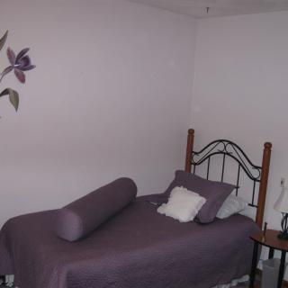 A minimalist bedroom with a single bed and decorative wall art.