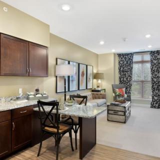 A cozy apartment interior featuring a modern living area with a kitchenette and dining space.