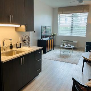 A modern apartment with an open kitchen and cozy living area.