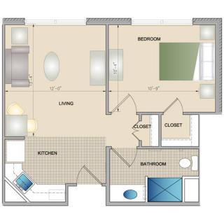 One-bedroom apartment floor plan with living room, kitchen, bathroom, and closets.