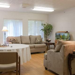 A cozy living room with sofas, a chessboard on the table, and natural light from the windows.