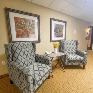 A cozy seating area with two patterned chairs and framed artwork on the wall.
