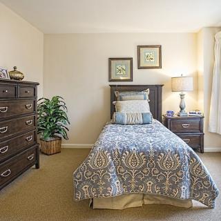 A cozy bedroom with a single bed, dresser, and decorative elements.