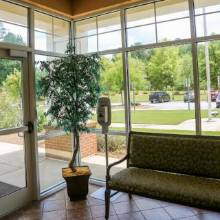 A bright and inviting lobby space featuring a comfortable green couch and a potted plant.