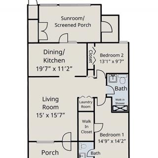 A floor plan of a residential layout with two bedrooms, a living room, dining/kitchen area, bathroom, sunroom/screened porch, and laundry closet.
