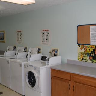 A spacious laundry room featuring multiple washing machines and dryers.