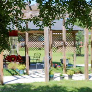 A serene outdoor space featuring a pergola, chairs, and potted plants.