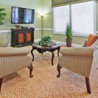 A cozy living room with comfortable chairs, a table, and greenery accents.