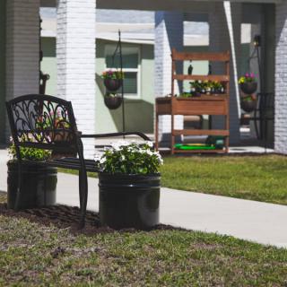 A peaceful garden area with a bench and potted plants under the sun.
