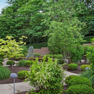 A beautifully landscaped garden with winding pathways and lush greenery.